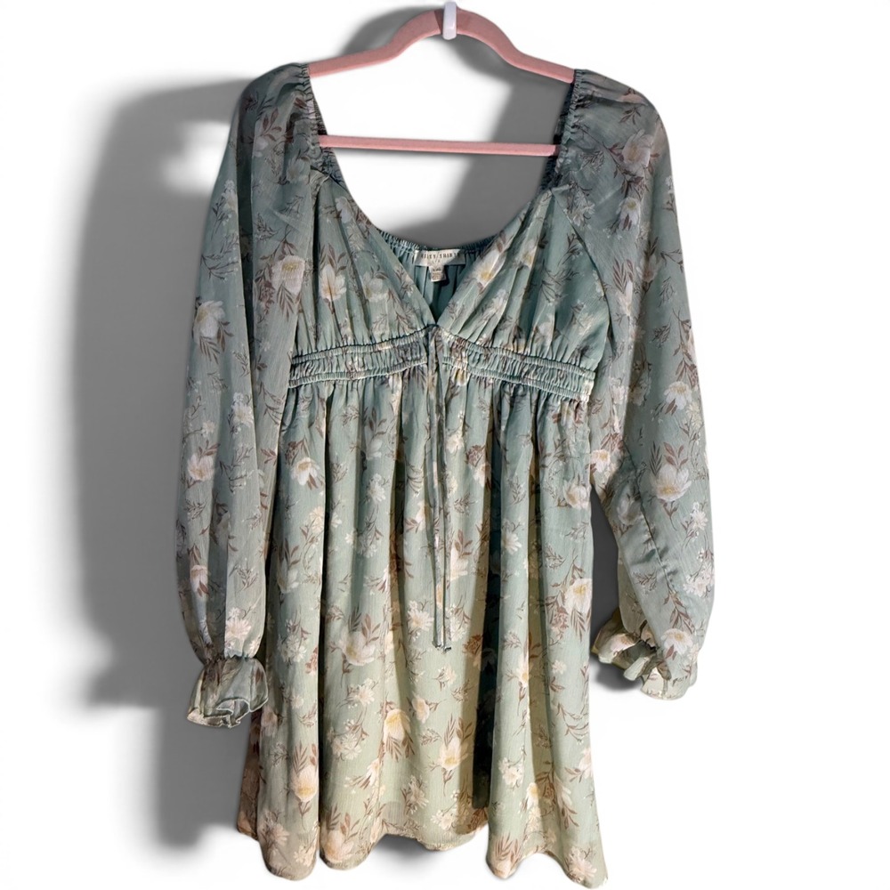 Thirty Thirty Sage Green Floral Long Sleeve Mini Dress Empire Waist Large L